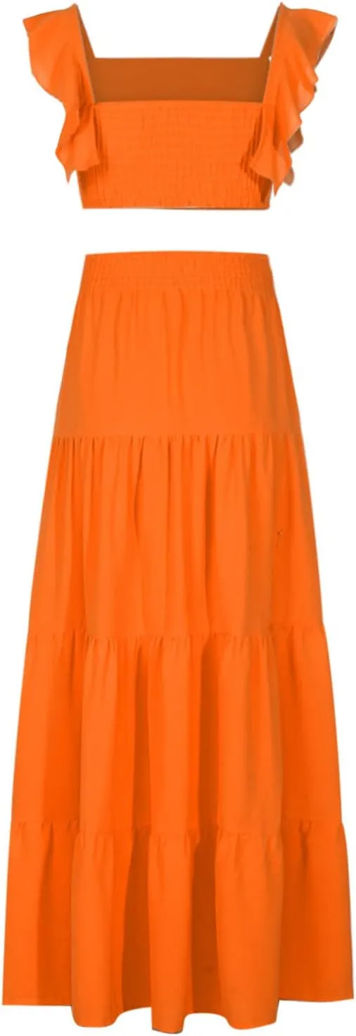 Two Piece Sets Dresses for Women Summer Casual Flowy Boho Matching Set Dress Ruffle Crop Top Tiered Swing Maxi Skirts
