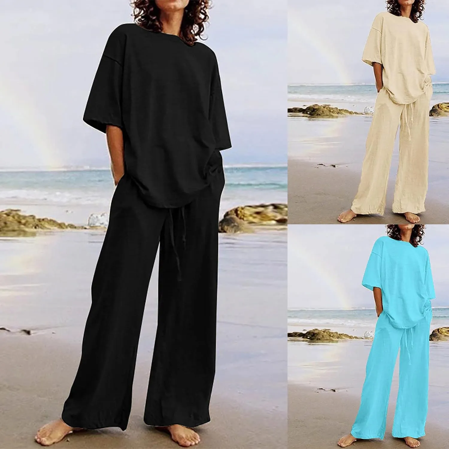 Two Piece Sets for Women 2024 Oversized Short Sleeve Shirt Loose Pullover Tops Wide Leg Pants Set Summer Linen Outfits