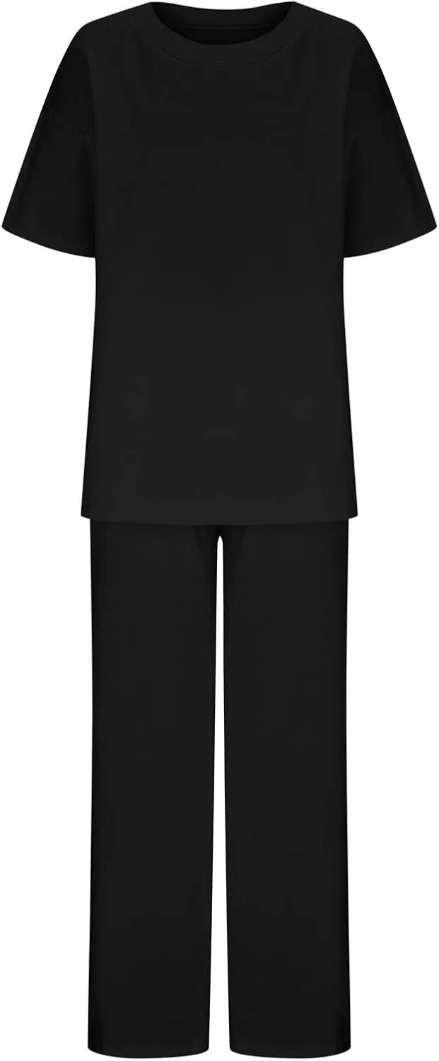 Two Piece Sets for Women 2024 Oversized Short Sleeve Shirt Loose Pullover Tops Wide Leg Pants Set Summer Linen Outfits