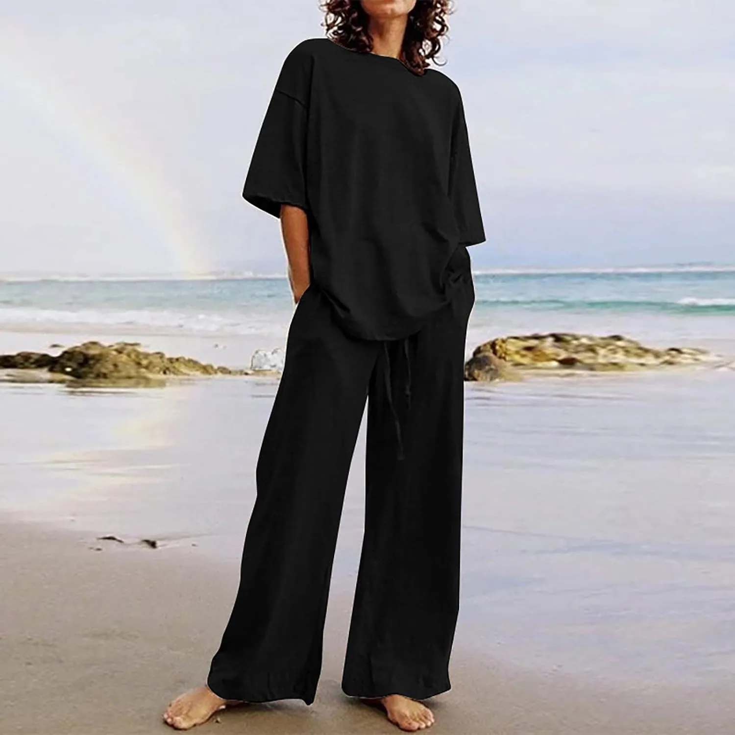 Two Piece Sets for Women 2024 Oversized Short Sleeve Shirt Loose Pullover Tops Wide Leg Pants Set Summer Linen Outfits