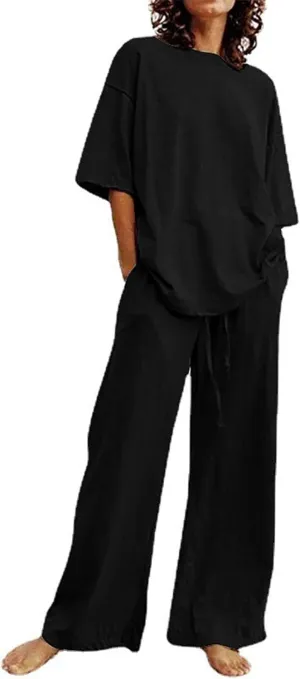 Two Piece Sets for Women 2024 Oversized Short Sleeve Shirt Loose Pullover Tops Wide Leg Pants Set Summer Linen Outfits