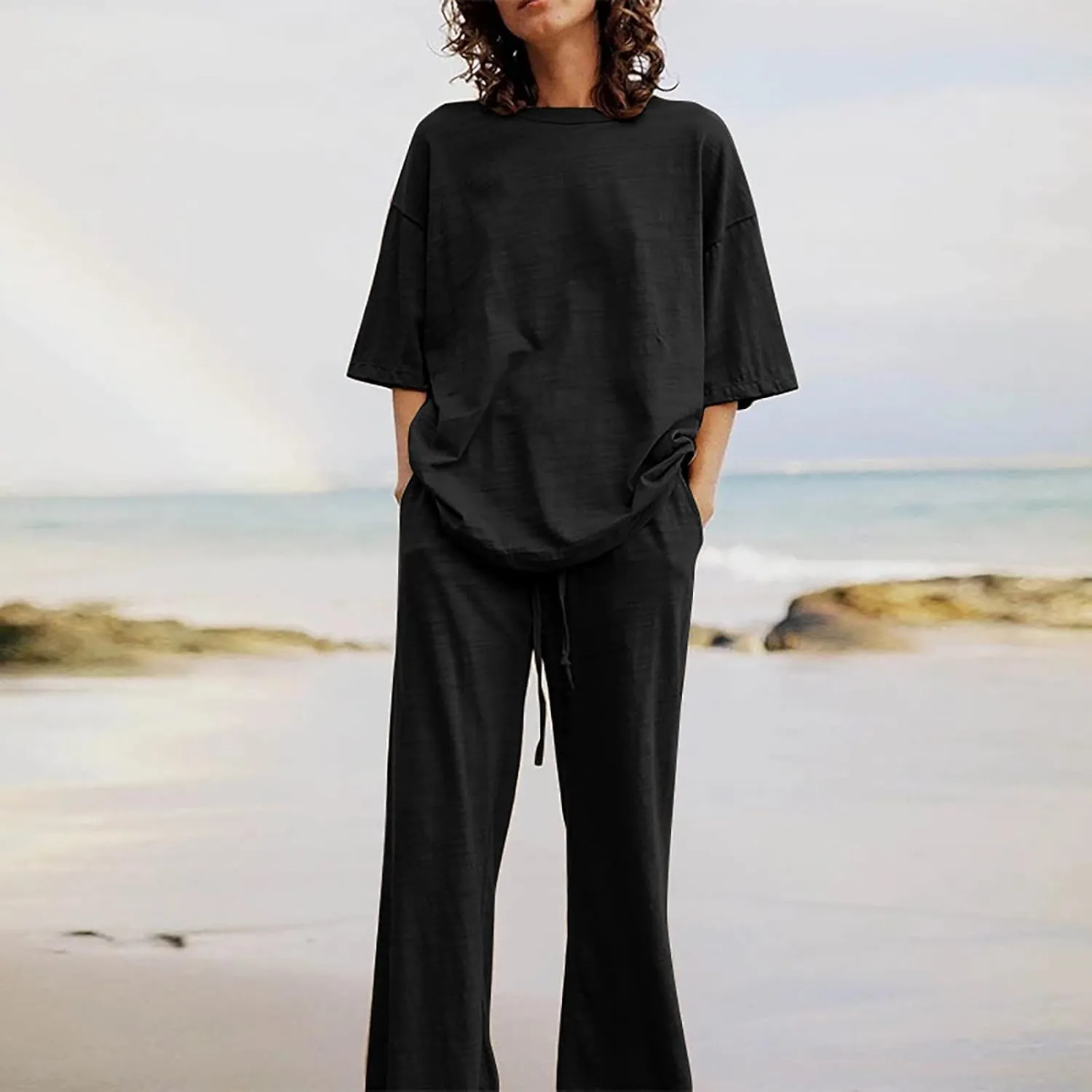 Two Piece Sets for Women 2024 Oversized Short Sleeve Shirt Loose Pullover Tops Wide Leg Pants Set Summer Linen Outfits