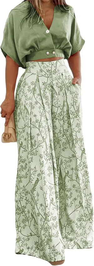 Two Piece Sets for Women Summer Short Sleeve V Neck Sexy Crop Tops Matching Print Wide Leg Pants Set Lounge Sets