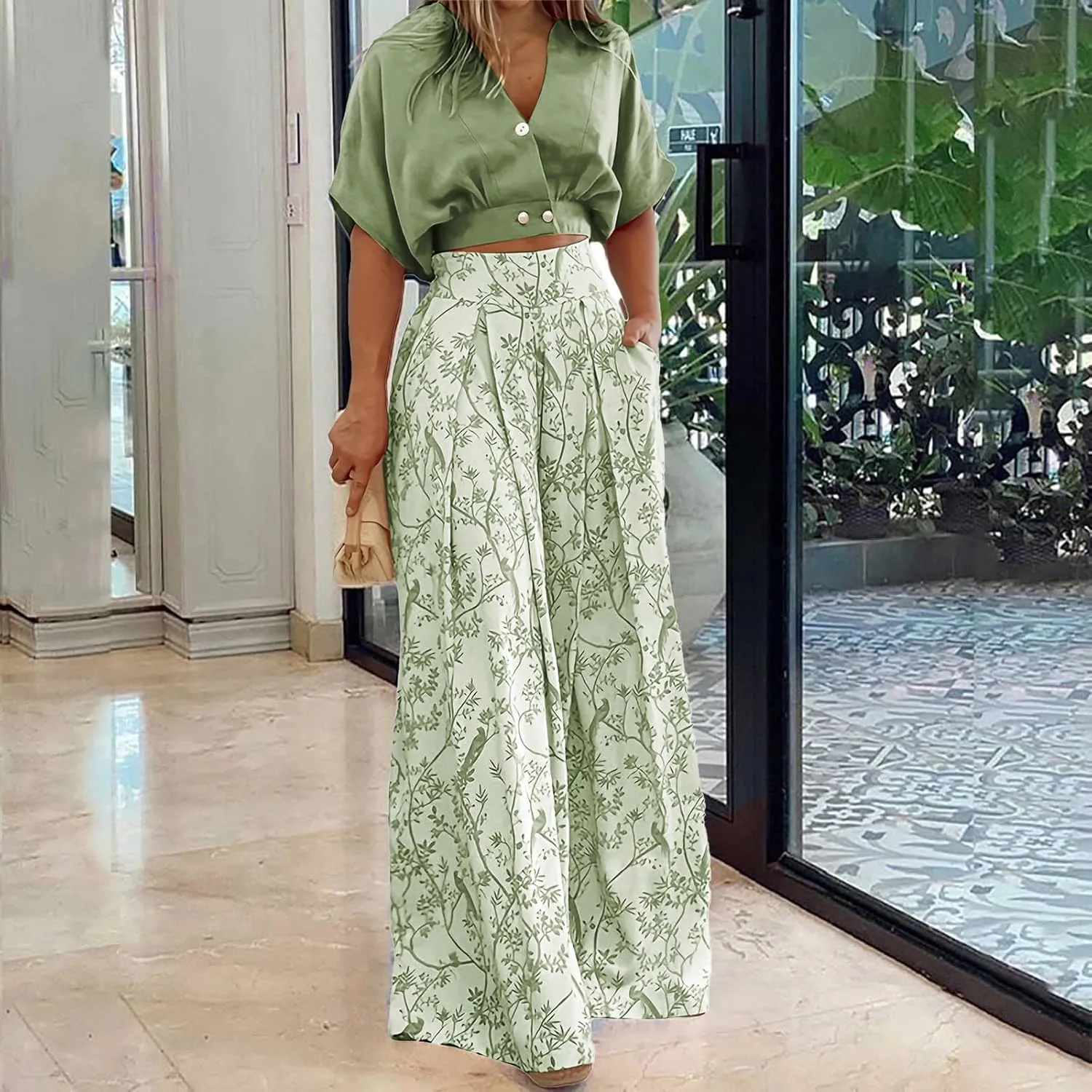 Two Piece Sets for Women Summer Short Sleeve V Neck Sexy Crop Tops Matching Print Wide Leg Pants Set Lounge Sets