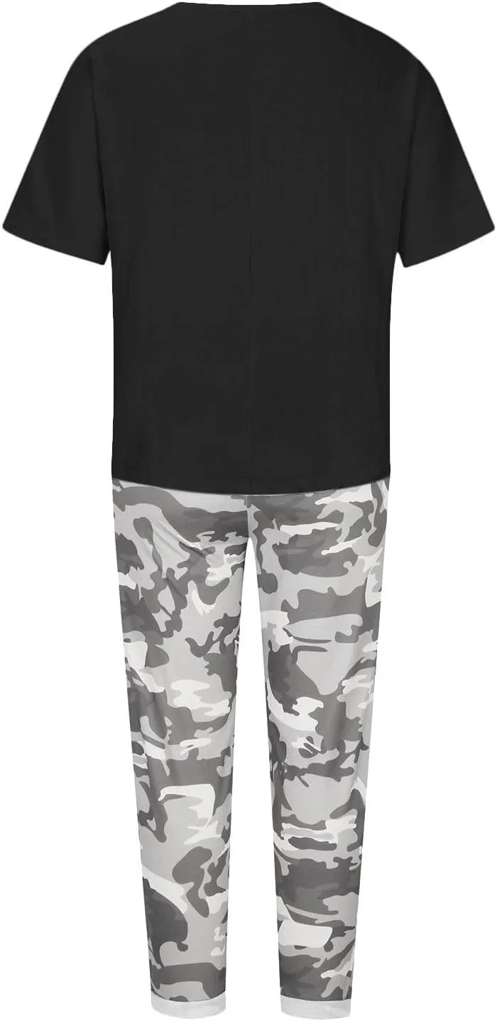 Two Piece Summer Outfits for Women Casual Cotton Linen Sets Oversized T Shirts Camo Capri Pants 2025 Resort Wear