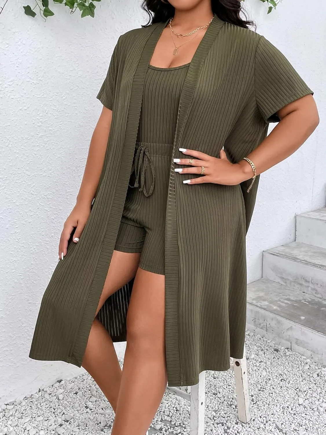 Verdusa Women's Plus Size 3 Piece Lounge Sets Ribbed Cami Top and Shorts with Cardigan