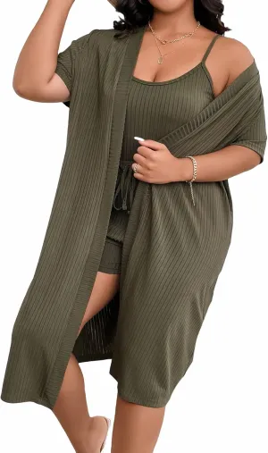 Verdusa Women's Plus Size 3 Piece Lounge Sets Ribbed Cami Top and Shorts with Cardigan