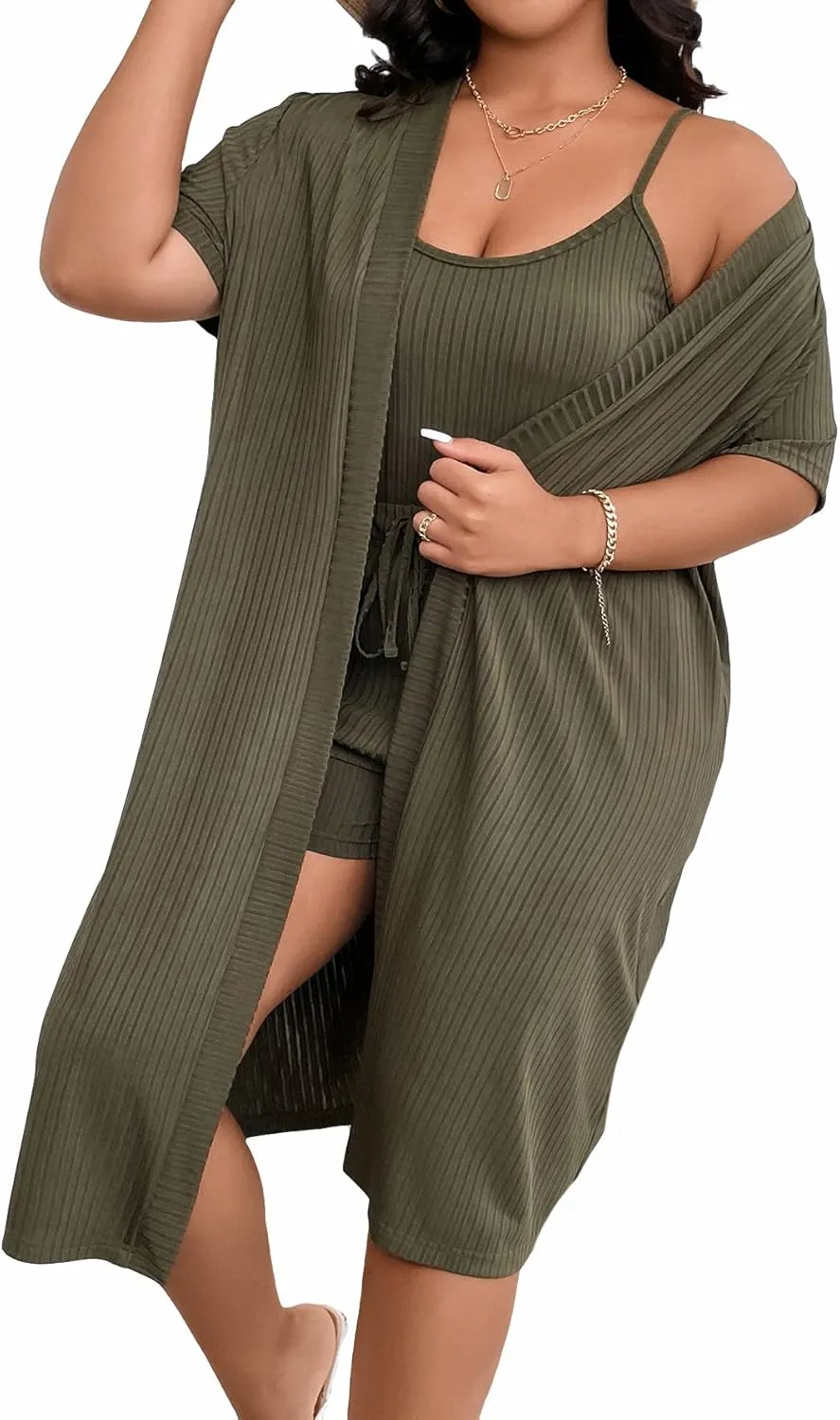 Verdusa Women's Plus Size 3 Piece Lounge Sets Ribbed Cami Top and Shorts with Cardigan