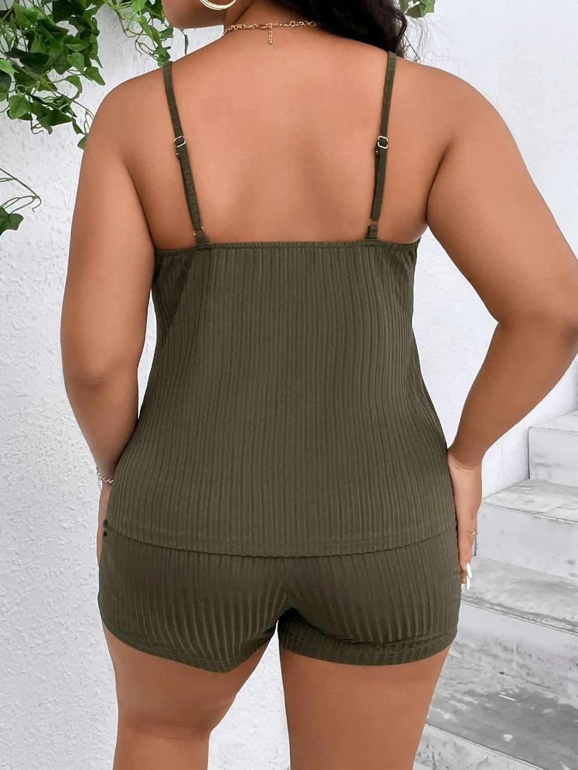 Verdusa Women's Plus Size 3 Piece Lounge Sets Ribbed Cami Top and Shorts with Cardigan