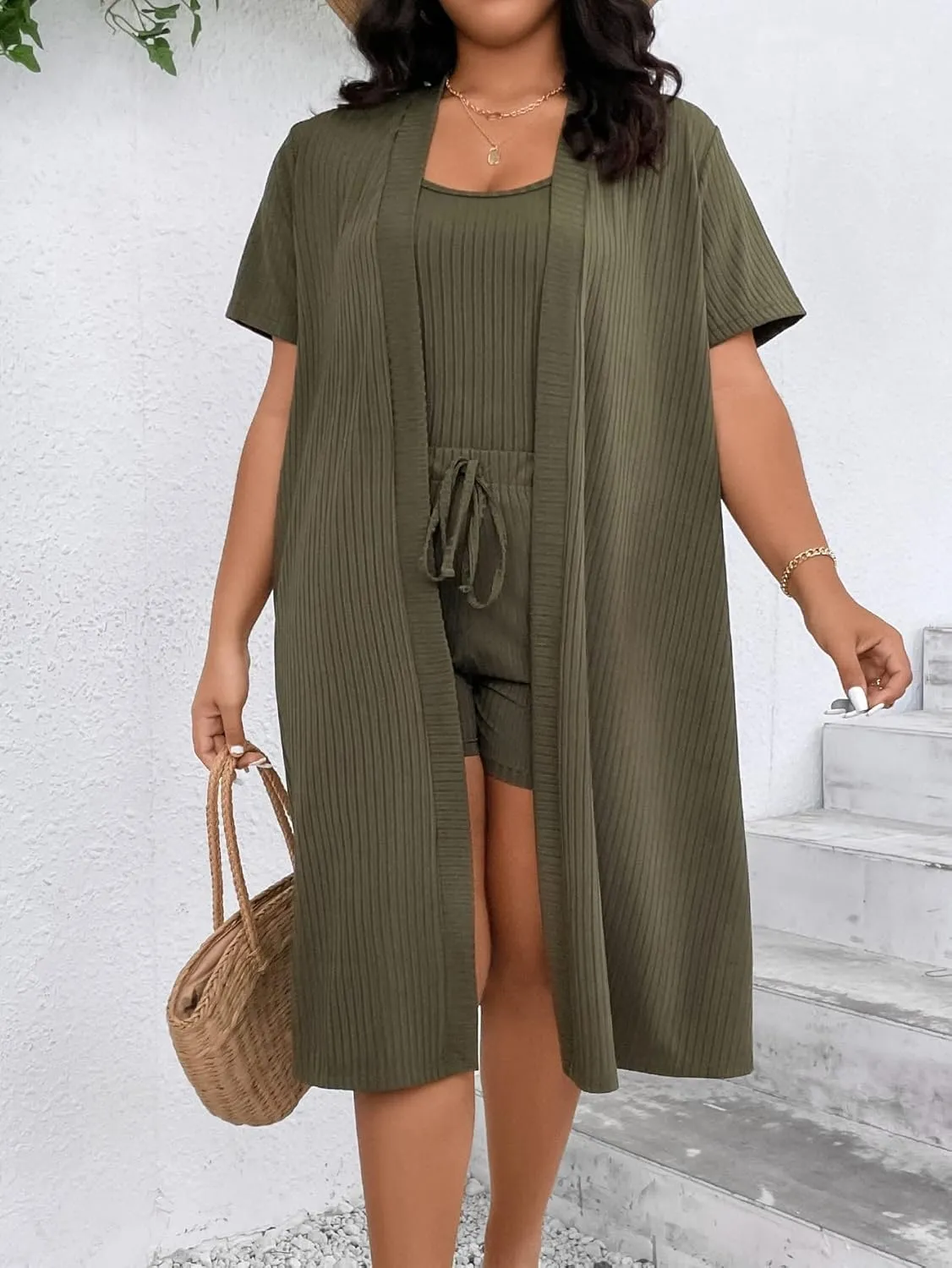 Verdusa Women's Plus Size 3 Piece Lounge Sets Ribbed Cami Top and Shorts with Cardigan