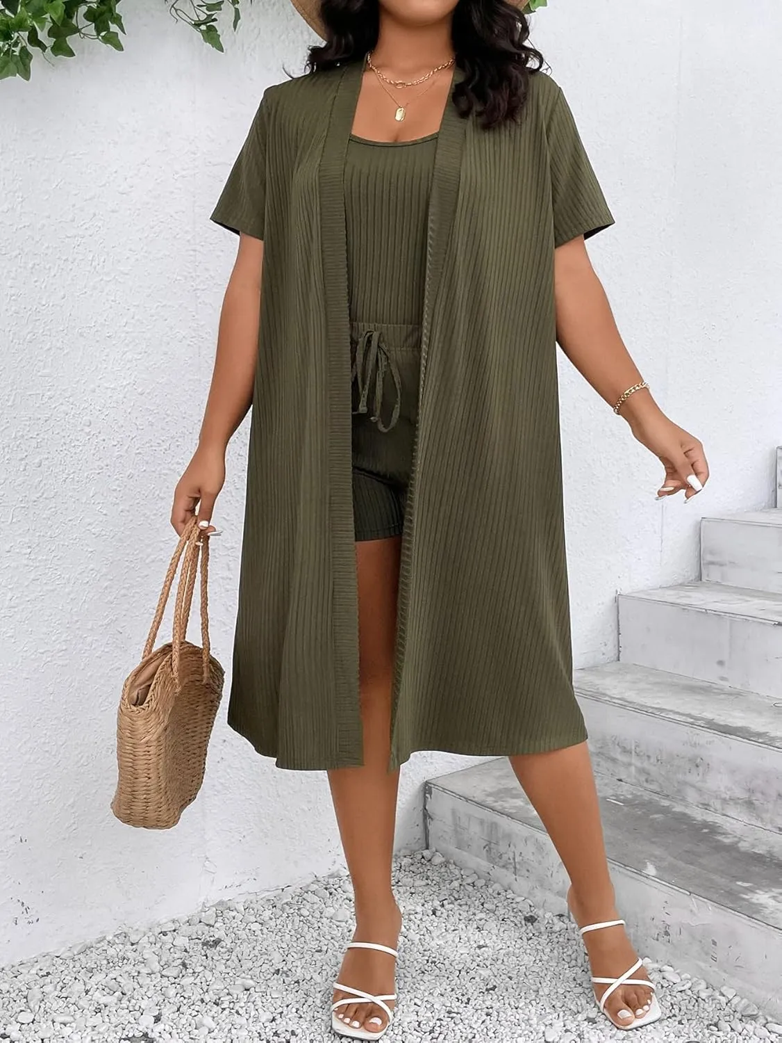 Verdusa Women's Plus Size 3 Piece Lounge Sets Ribbed Cami Top and Shorts with Cardigan