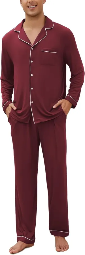 Veseacky Mens Pajamas Set Long Sleeve Soft Pajamas for Men Button Down Sleepwear Pjs Lounge Sets with Pockets S-2XL