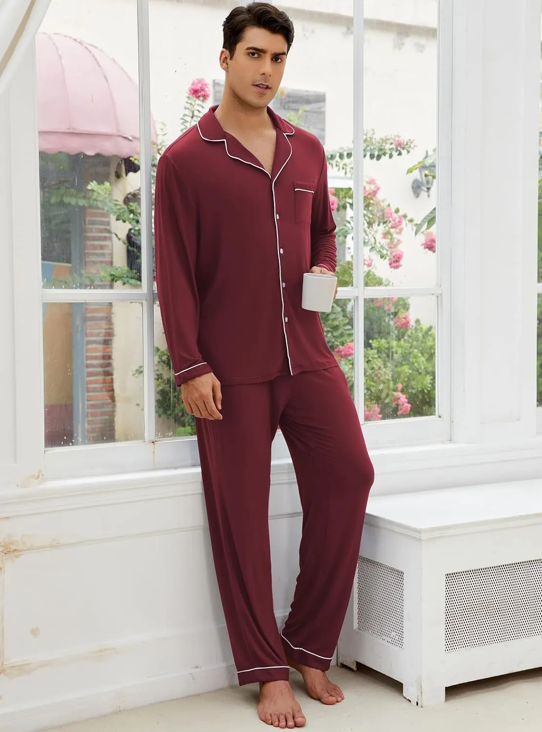 Veseacky Mens Pajamas Set Long Sleeve Soft Pajamas for Men Button Down Sleepwear Pjs Lounge Sets with Pockets S-2XL