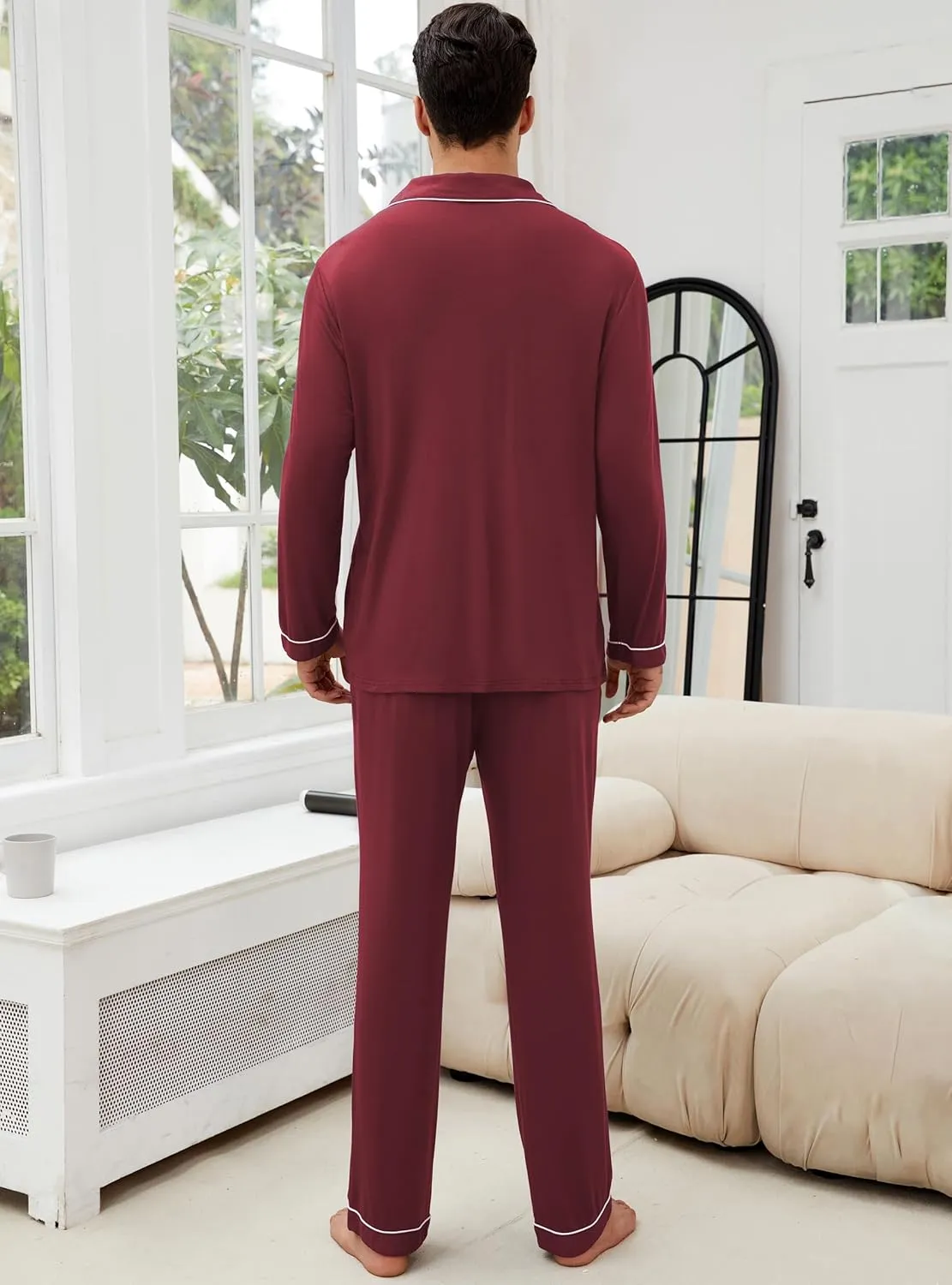 Veseacky Mens Pajamas Set Long Sleeve Soft Pajamas for Men Button Down Sleepwear Pjs Lounge Sets with Pockets S-2XL