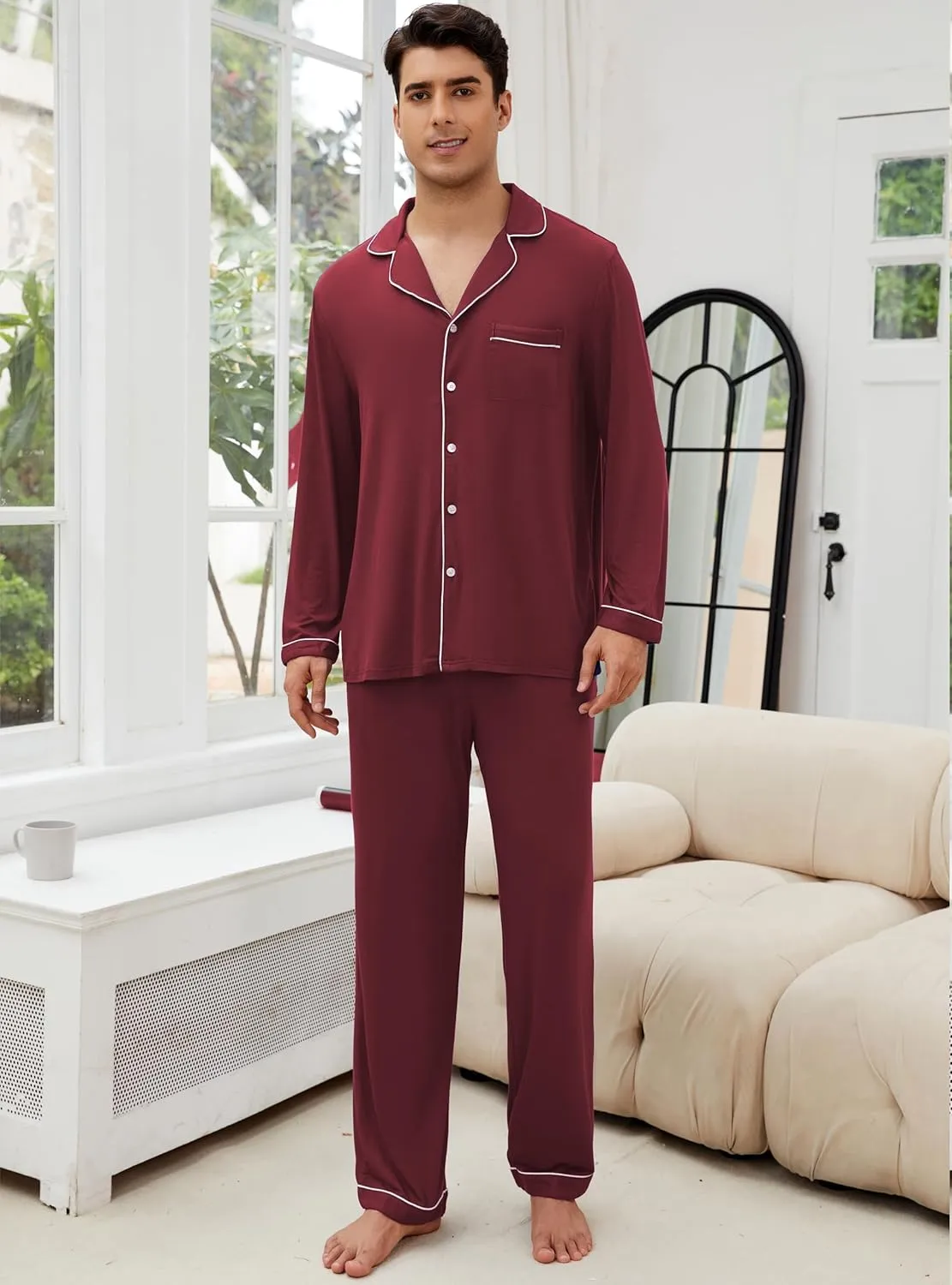 Veseacky Mens Pajamas Set Long Sleeve Soft Pajamas for Men Button Down Sleepwear Pjs Lounge Sets with Pockets S-2XL
