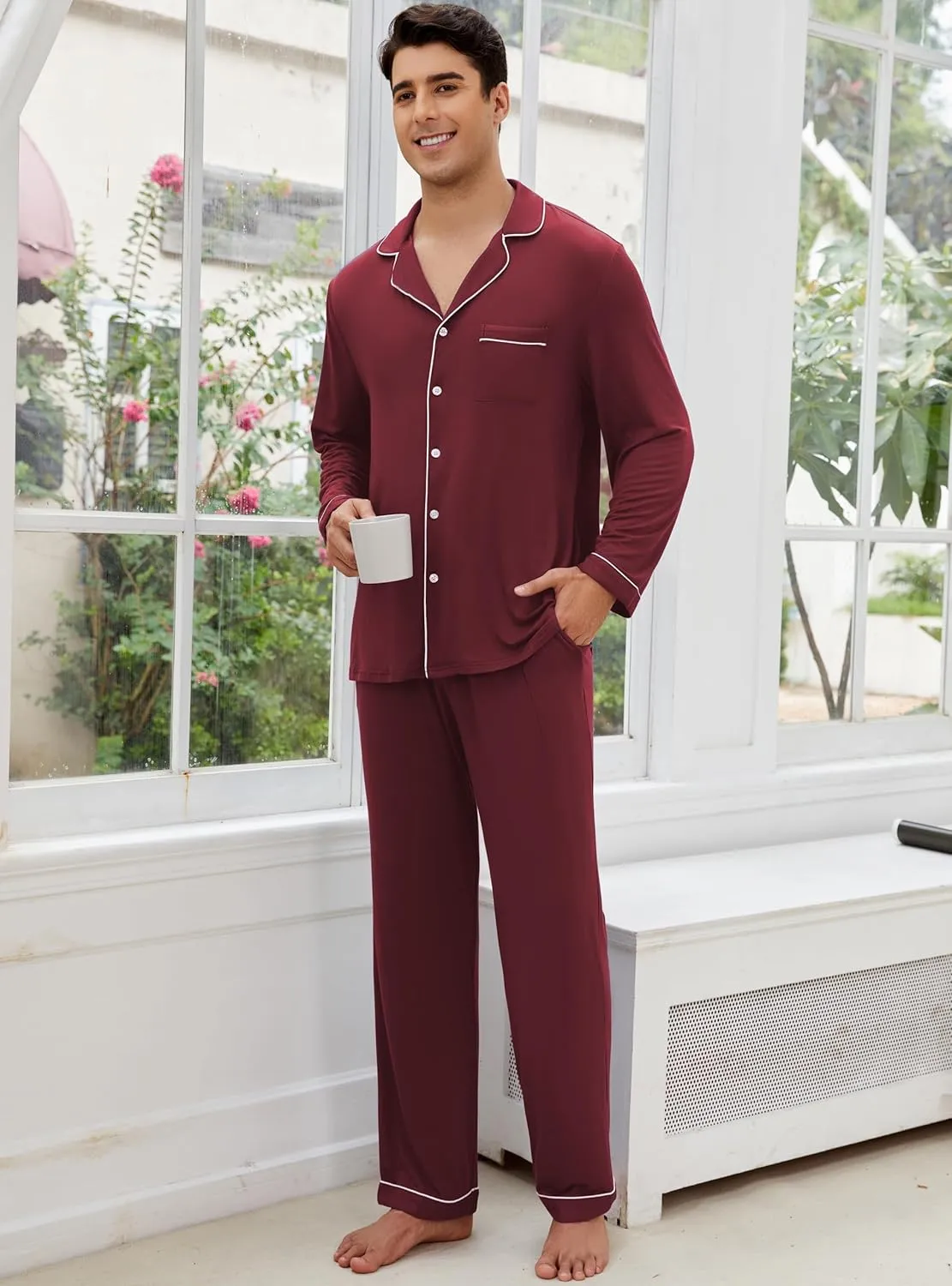 Veseacky Mens Pajamas Set Long Sleeve Soft Pajamas for Men Button Down Sleepwear Pjs Lounge Sets with Pockets S-2XL