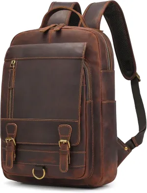 Vintage Full Grain Leather Backpack for Men, 16" Laptop Rucksack For Men Hiking Trave Work Business Bag, 1829 Brown