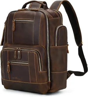 Vintage Full Grain Leather Backpack for Men, 16" Laptop Rucksack For Men Hiking Trave Work Business Bag, 9517 Brown