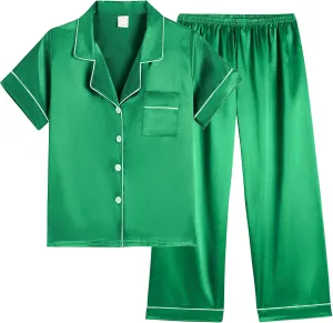 Vopmocld Girls Button Down Satin Pajama Sets Silky Short Sleeve Top & Pants Lounge Wear Teens Cozy Nightwear 2PCS PJS