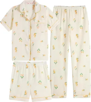 Vopmocld Girls Crepe Button Down Pajama Sets - 3pcs Short Sleeve Long Pants With Shorts Sleepwear Soft Crepe Nighty For Teens
