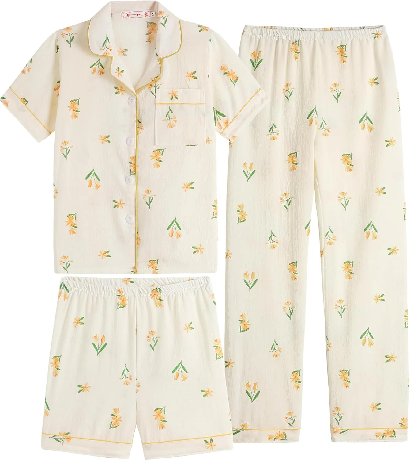 Vopmocld Girls Crepe Button Down Pajama Sets - 3pcs Short Sleeve Long Pants With Shorts Sleepwear Soft Crepe Nighty For Teens