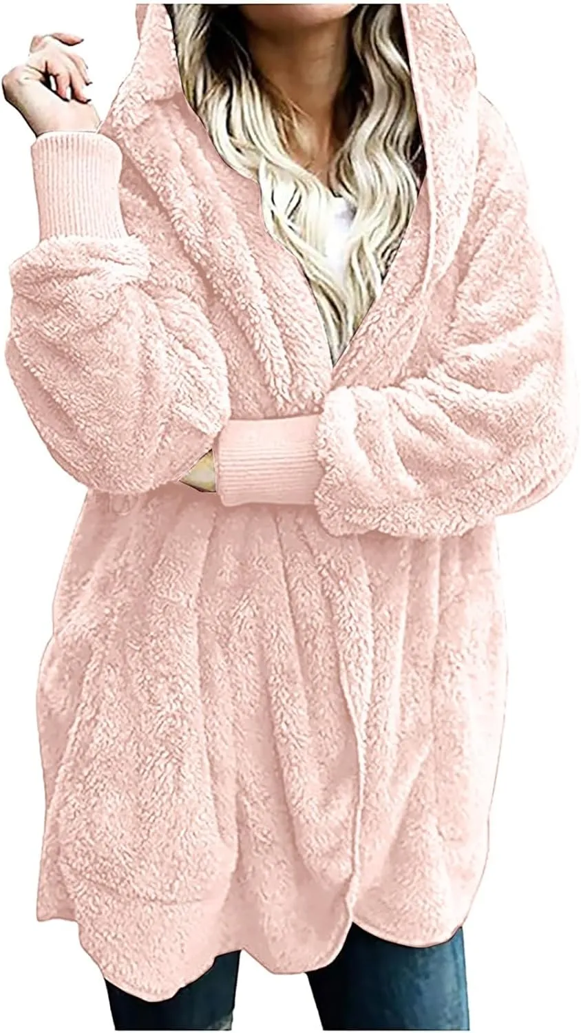 Winter Coats for Women 2024 Plus Size Long Sleeve Fuzzy Fleece Jacket Hooded Casual Warm Open Front Cardigans Outwear