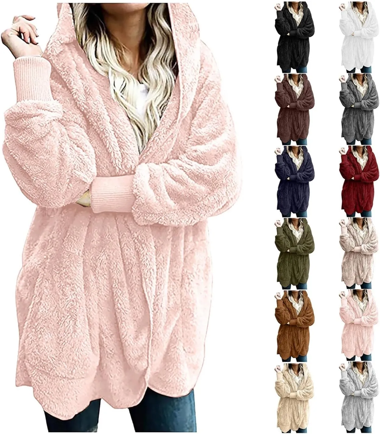 Winter Coats for Women 2024 Plus Size Long Sleeve Fuzzy Fleece Jacket Hooded Casual Warm Open Front Cardigans Outwear