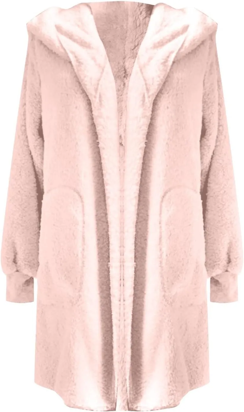 Winter Coats for Women 2024 Plus Size Long Sleeve Fuzzy Fleece Jacket Hooded Casual Warm Open Front Cardigans Outwear