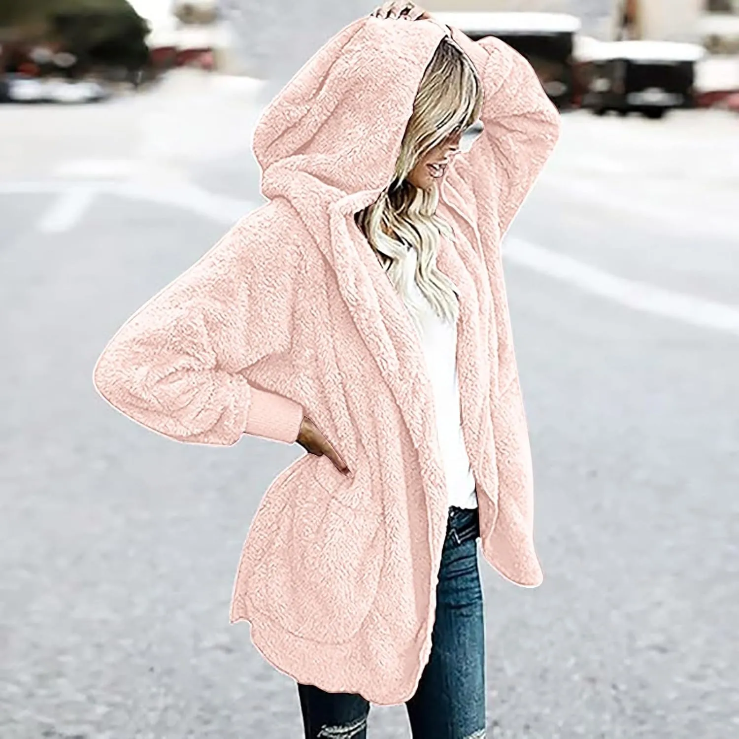 Winter Coats for Women 2024 Plus Size Long Sleeve Fuzzy Fleece Jacket Hooded Casual Warm Open Front Cardigans Outwear