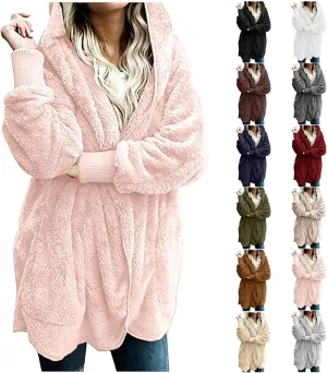 Winter Coats for Women 2024 Plus Size Long Sleeve Fuzzy Fleece Jacket Hooded Casual Warm Open Front Cardigans Outwear