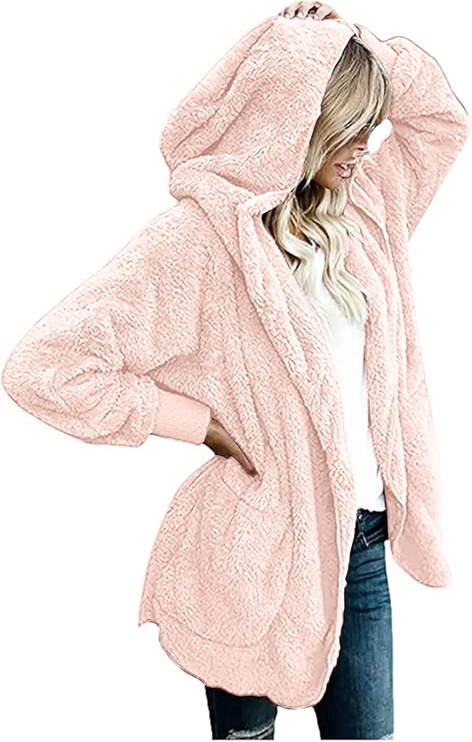 Winter Coats for Women 2024 Plus Size Long Sleeve Fuzzy Fleece Jacket Hooded Casual Warm Open Front Cardigans Outwear