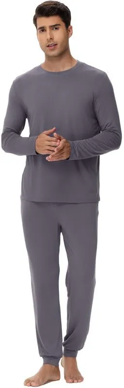 WiWi Men's Viscose from Bamboo Pajama Sets Long Sleeve Top and Pants Sleepwear Pjs with Pockets Drawstring S-XXL