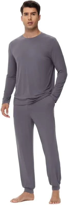 WiWi Men's Viscose from Bamboo Pajama Sets Long Sleeve Top and Pants Sleepwear Pjs with Pockets Drawstring S-XXL