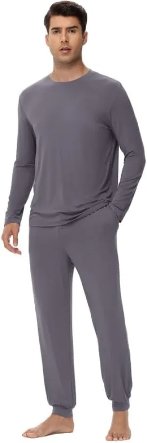 WiWi Men's Viscose from Bamboo Pajama Sets Long Sleeve Top and Pants Sleepwear Pjs with Pockets Drawstring S-XXL