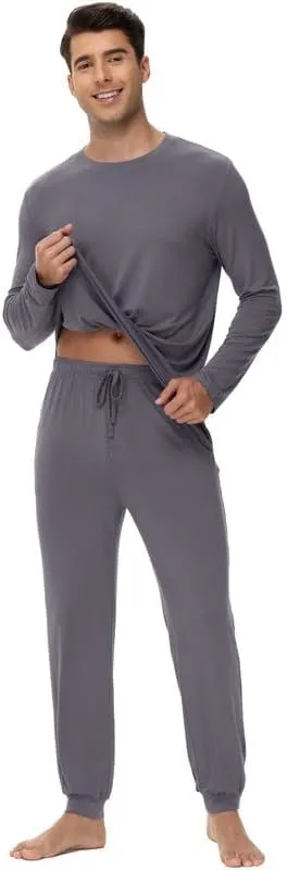 WiWi Men's Viscose from Bamboo Pajama Sets Long Sleeve Top and Pants Sleepwear Pjs with Pockets Drawstring S-XXL