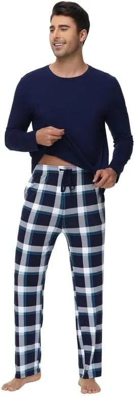 WiWi Pajamas for Men-Viscose Made from Bamboo,Long Sleeve Pj Set Crew-Neck Pajama Sets Comfy Loungewear S-XXL