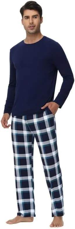 WiWi Pajamas for Men-Viscose Made from Bamboo,Long Sleeve Pj Set Crew-Neck Pajama Sets Comfy Loungewear S-XXL