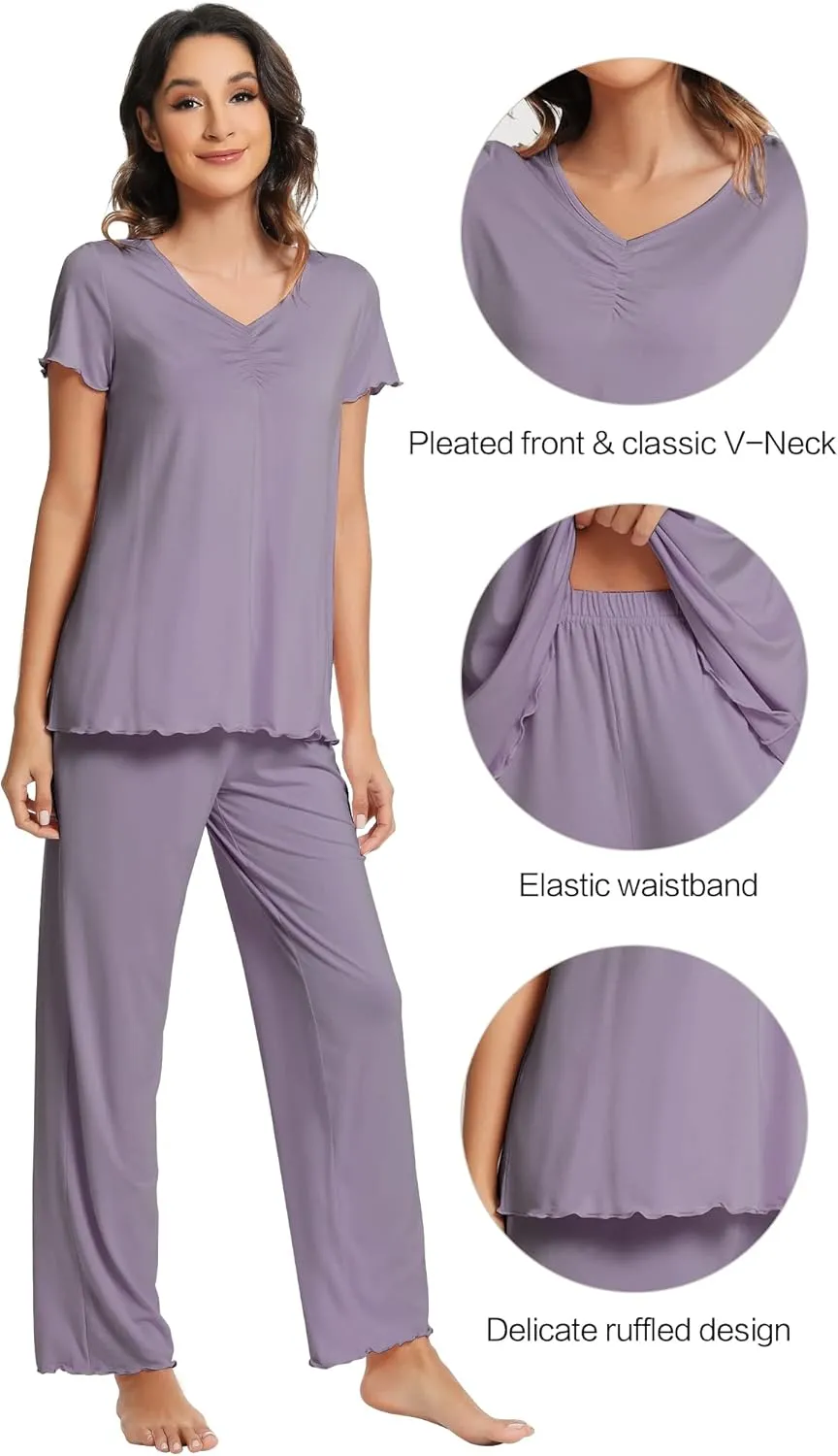 WiWi Viscose from Bamboo Pajama Sets for Women Soft Pjs Loungewear Short Sleeve Top with Pants Sleepwear Pajamas S-XXL
