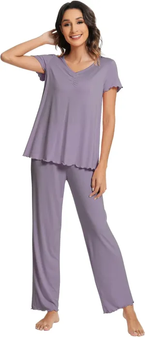 WiWi Viscose from Bamboo Pajama Sets for Women Soft Pjs Loungewear Short Sleeve Top with Pants Sleepwear Pajamas S-XXL