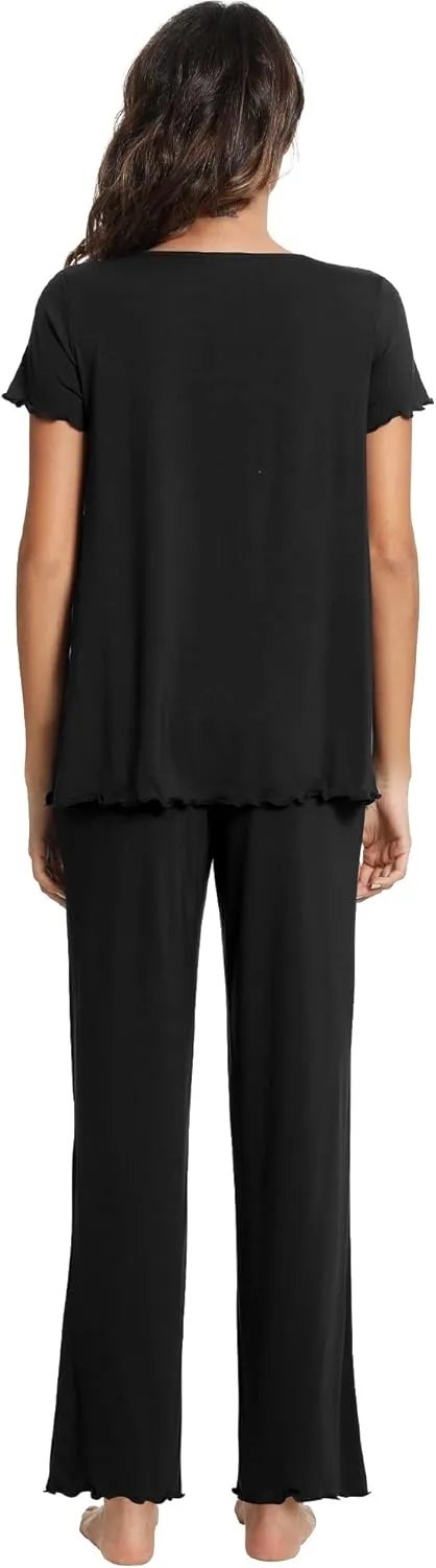 WiWi Viscose from Bamboo Pajama Sets for Women Soft Pjs Loungewear Short Sleeve Top with Pants Sleepwear Pajamas S-XXL