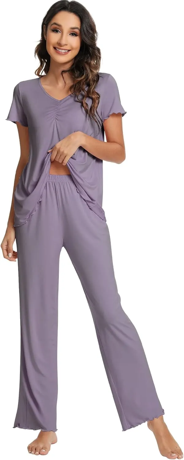 WiWi Viscose from Bamboo Pajama Sets for Women Soft Pjs Loungewear Short Sleeve Top with Pants Sleepwear Pajamas S-XXL