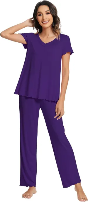 WiWi Viscose from Bamboo Pajama Sets for Women Soft Pjs Loungewear Short Sleeve Top with Pants Sleepwear Pajamas S-XXL
