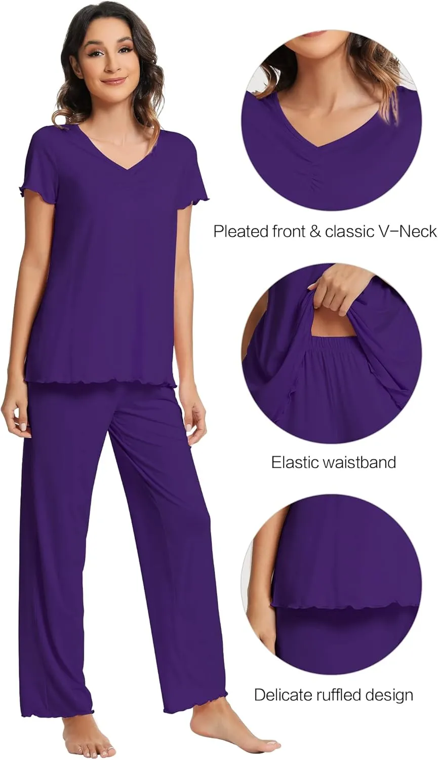 WiWi Viscose from Bamboo Pajama Sets for Women Soft Pjs Loungewear Short Sleeve Top with Pants Sleepwear Pajamas S-XXL