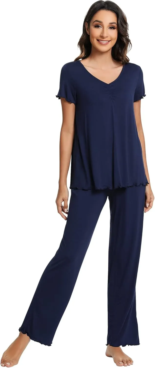 WiWi Viscose from Bamboo Pajama Sets for Women Soft Pjs Loungewear Short Sleeve Top with Pants Sleepwear Pajamas S-XXL
