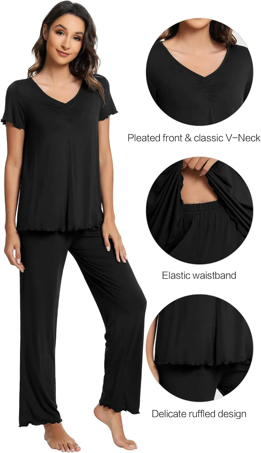 WiWi Viscose from Bamboo Pajama Sets for Women Soft Pjs Loungewear Short Sleeve Top with Pants Sleepwear Pajamas S-XXL