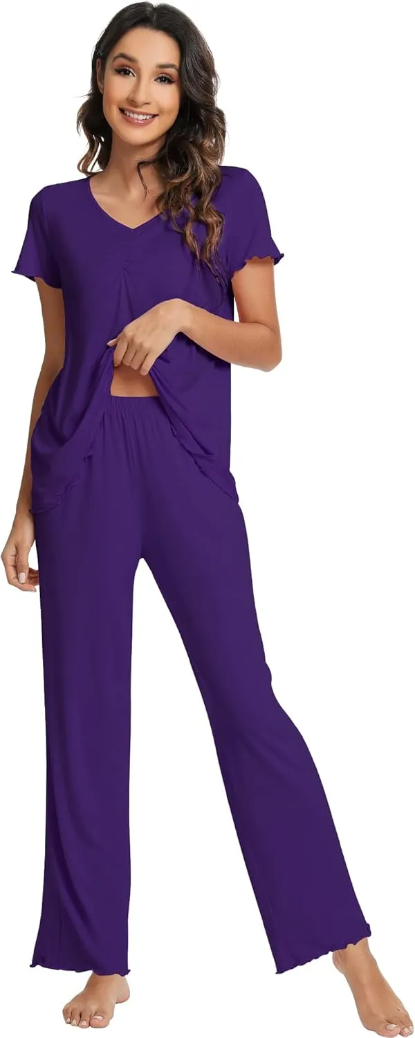 WiWi Viscose from Bamboo Pajama Sets for Women Soft Pjs Loungewear Short Sleeve Top with Pants Sleepwear Pajamas S-XXL