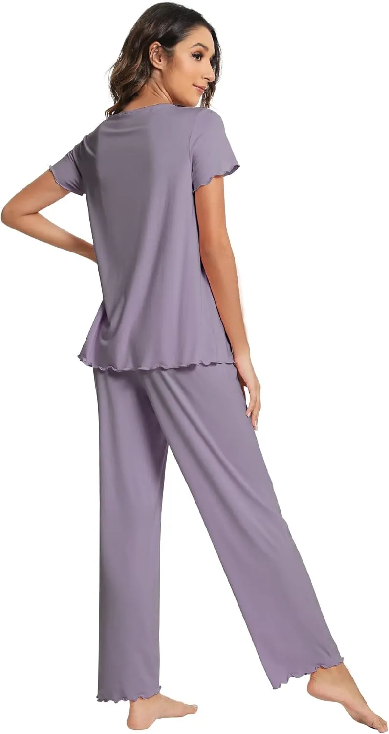 WiWi Viscose from Bamboo Pajama Sets for Women Soft Pjs Loungewear Short Sleeve Top with Pants Sleepwear Pajamas S-XXL