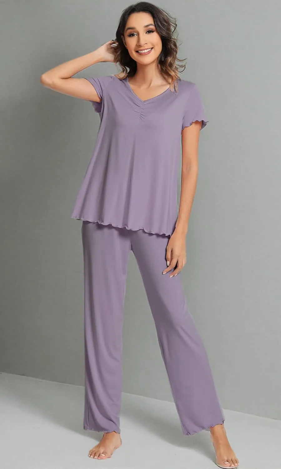 WiWi Viscose from Bamboo Pajama Sets for Women Soft Pjs Loungewear Short Sleeve Top with Pants Sleepwear Pajamas S-XXL