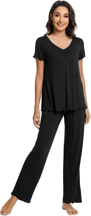WiWi Viscose from Bamboo Pajama Sets for Women Soft Pjs Loungewear Short Sleeve Top with Pants Sleepwear Pajamas S-XXL
