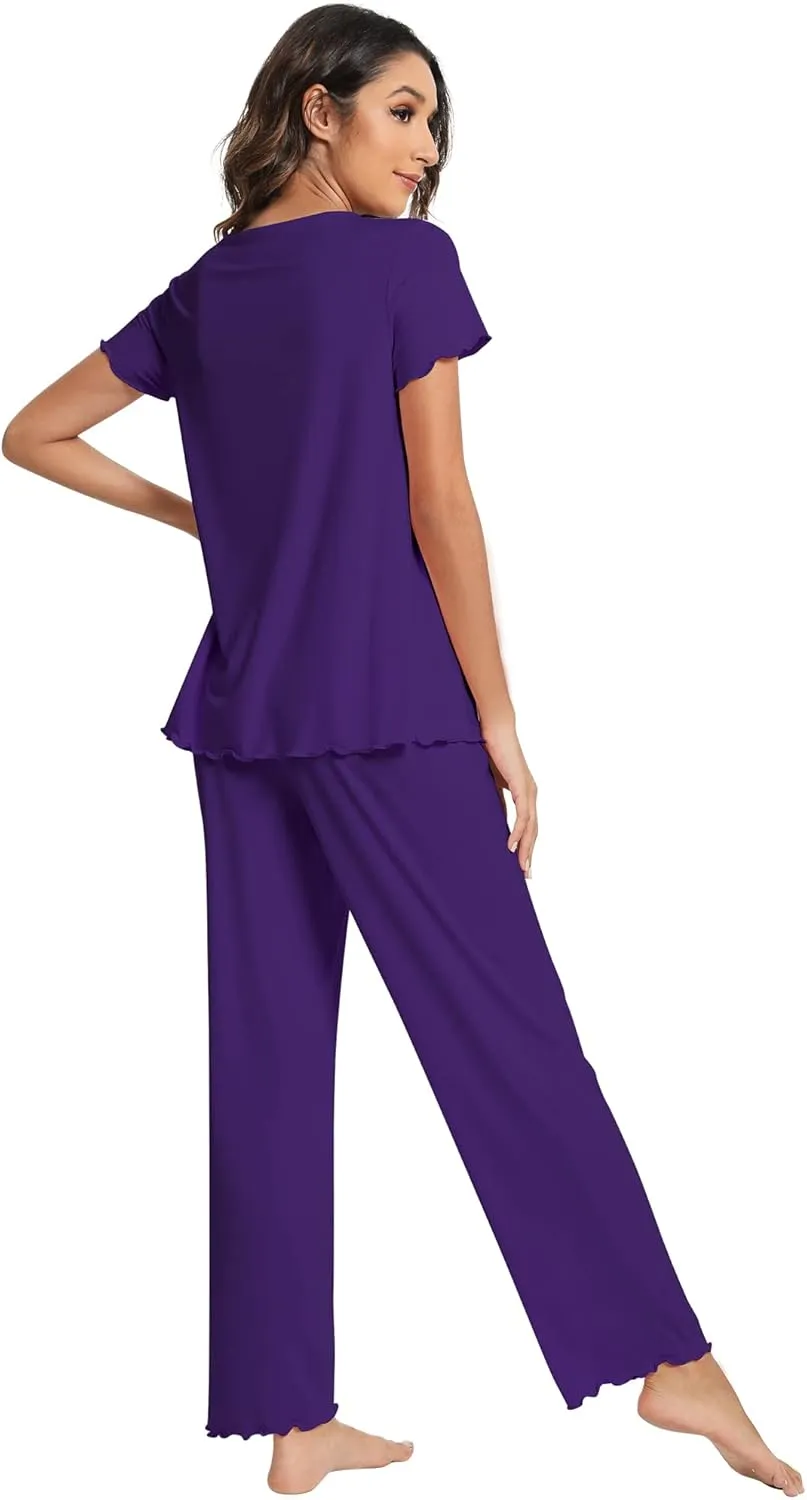 WiWi Viscose from Bamboo Pajama Sets for Women Soft Pjs Loungewear Short Sleeve Top with Pants Sleepwear Pajamas S-XXL